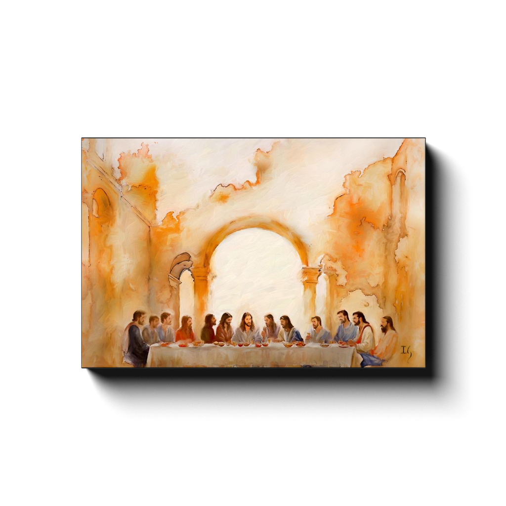 Last Supper Landscape canvas print in room setting - smiling jesus by Ivan Guaderrama