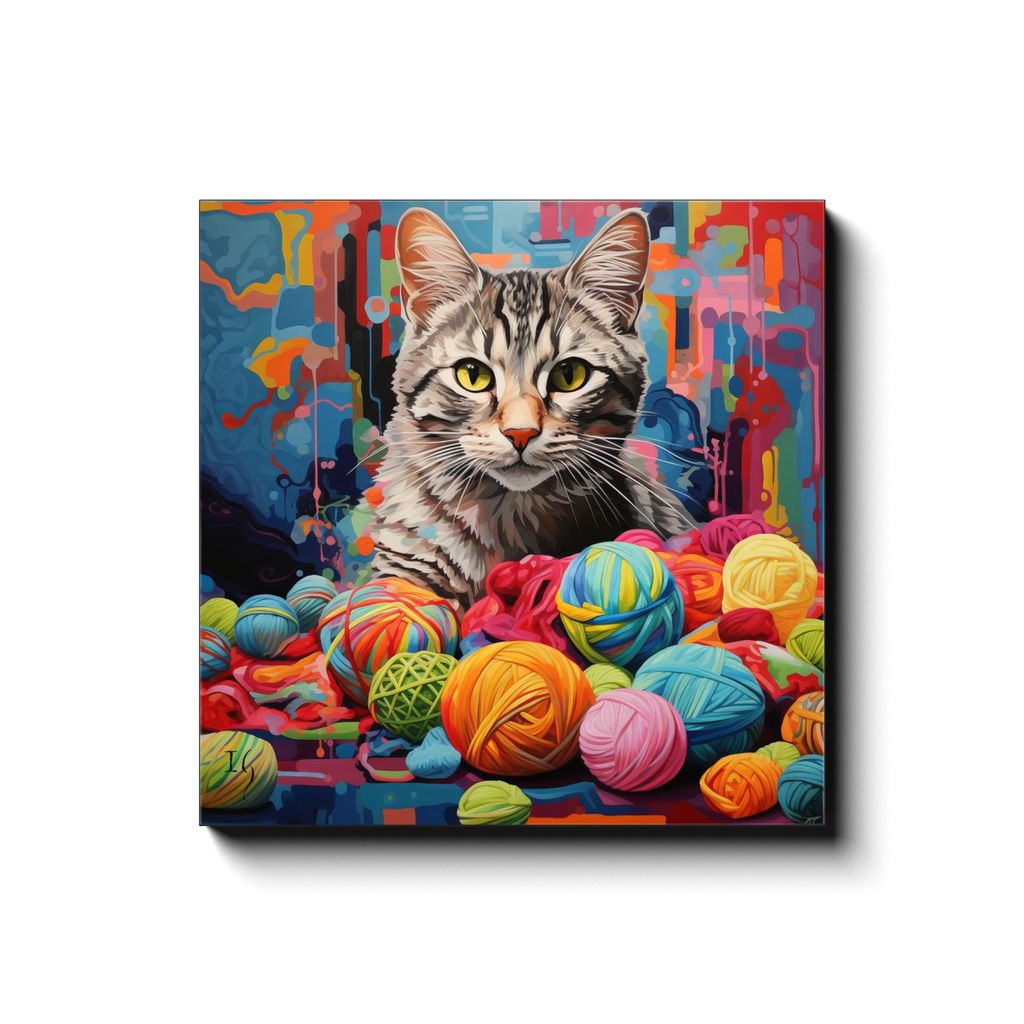 Kaleidoscope Kitty canvas print in room setting - pet portrait art by Ivan Guaderrama