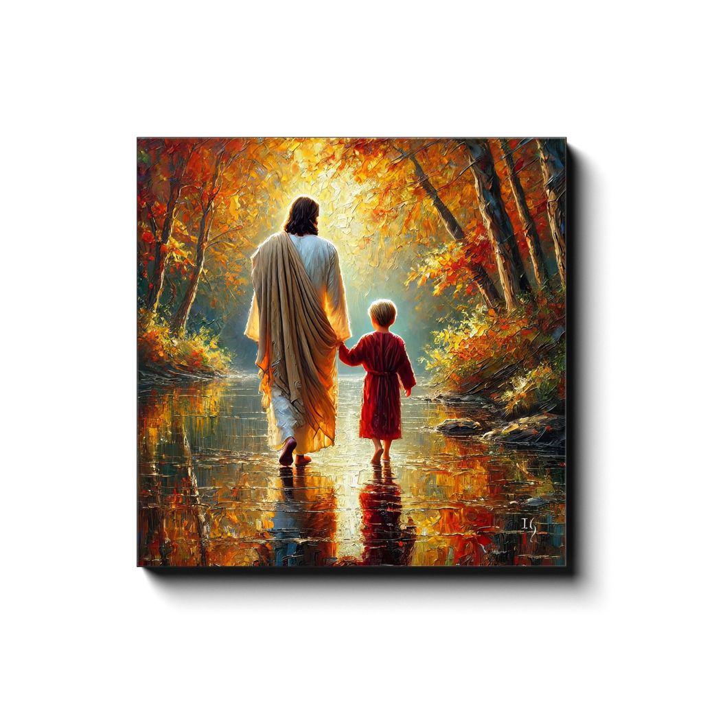 Autumn’s Embrace: Walk of Grace canvas print in room setting - smiling jesus by Ivan Guaderrama