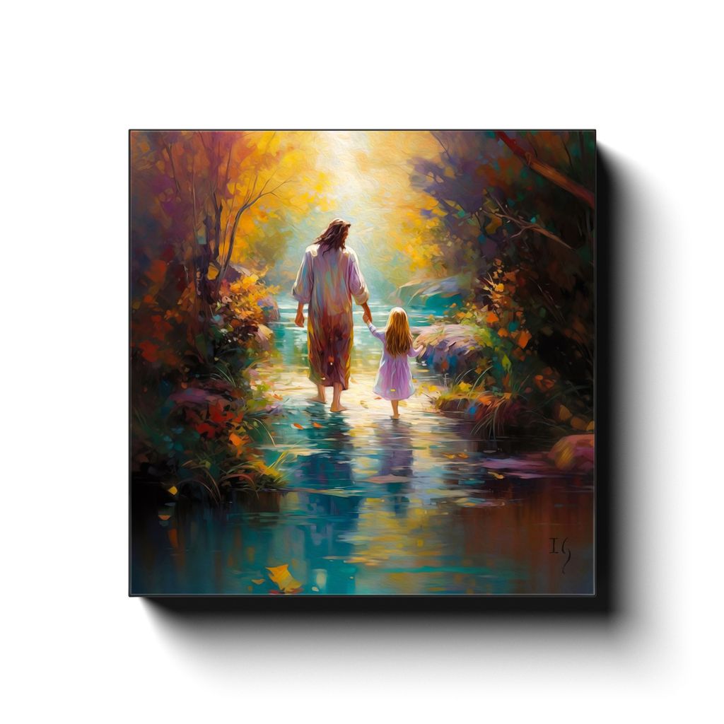 Autumn's Embrace: Walk of Whispers canvas print in room setting - smiling jesus by Ivan Guaderrama
