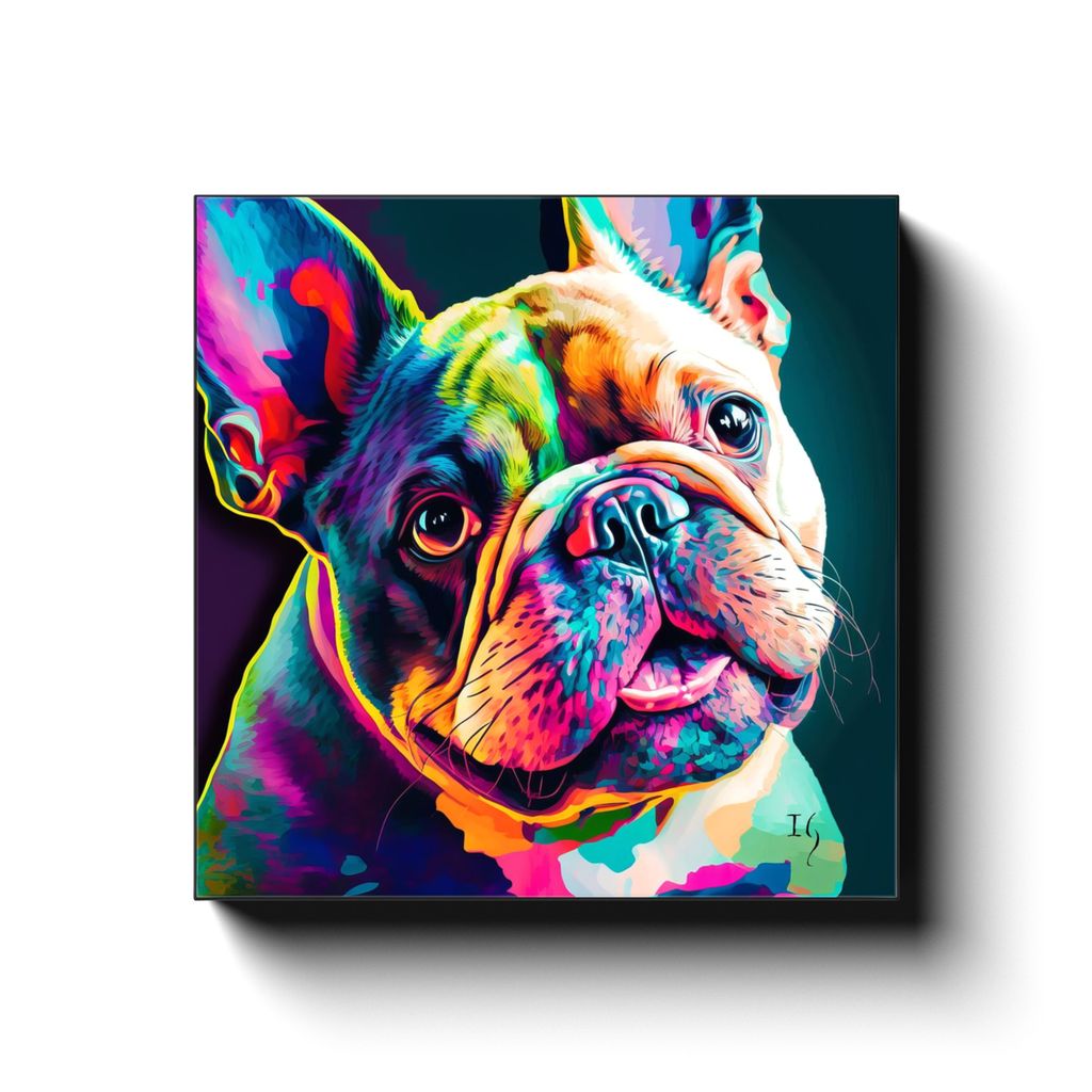 Vivid Bulldog Stare canvas print in room setting - pet portrait art by Ivan Guaderrama