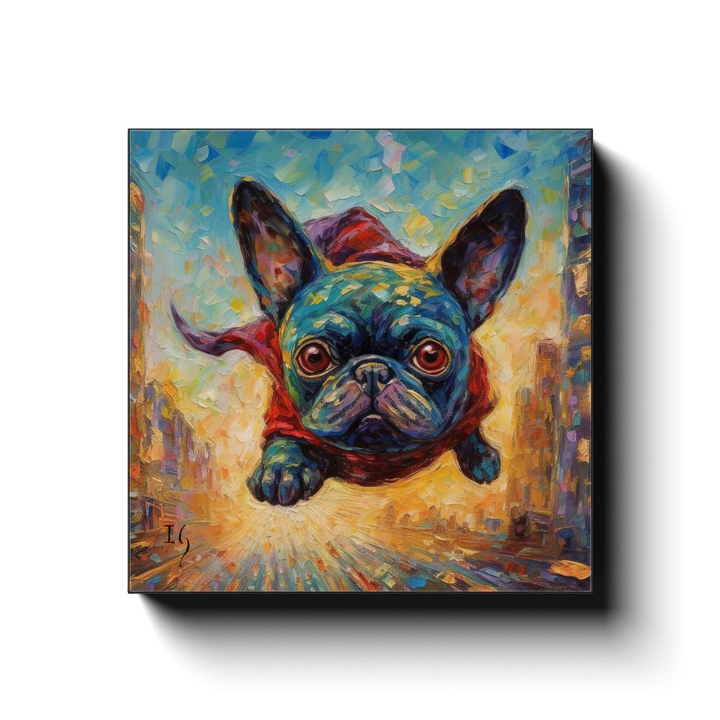 Flight of the Furry Hero canvas print in room setting - pet portrait art by Ivan Guaderrama
