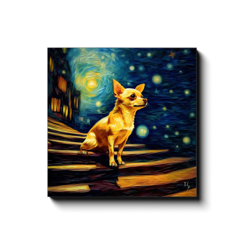 A Chihuahua's Heavenward Gaze canvas print in room setting - pet portrait art by Ivan Guaderrama