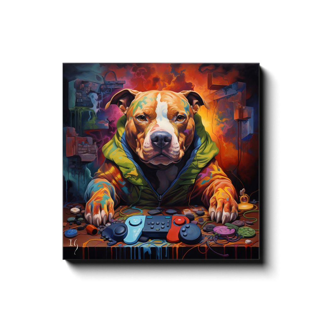 Techno-Artistic Canine canvas print in room setting - pet portrait art by Ivan Guaderrama