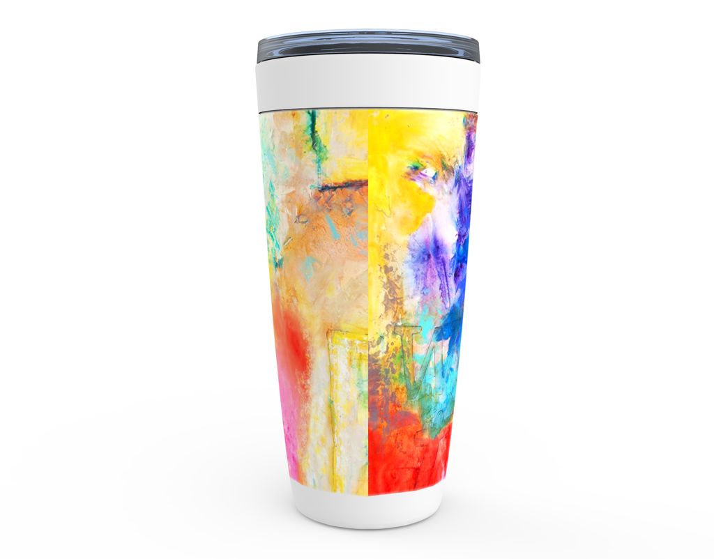 WALK BY FAITH Stainless Steel Tumbler canvas print in room setting - christian tumbler by Ivan Guaderrama