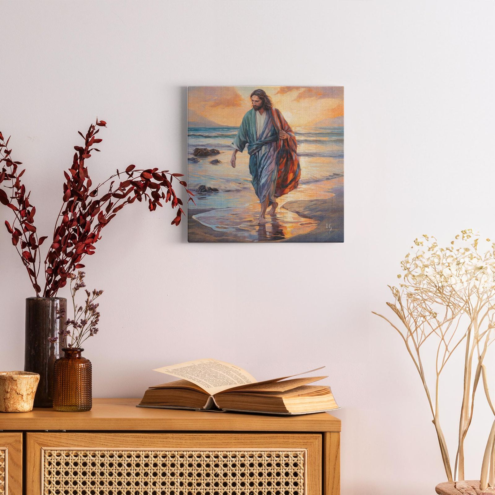 Footprints of Faith artwork detail - smiling Jesus painting wall art