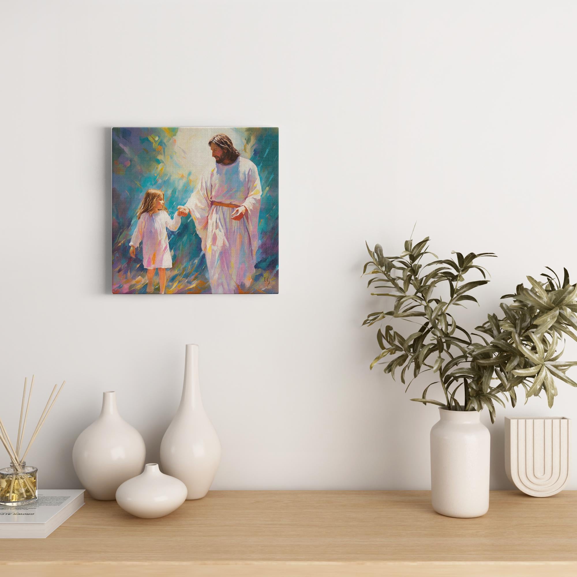 Guiding Light: A Serene Encounter artwork detail - smiling Jesus painting wall art