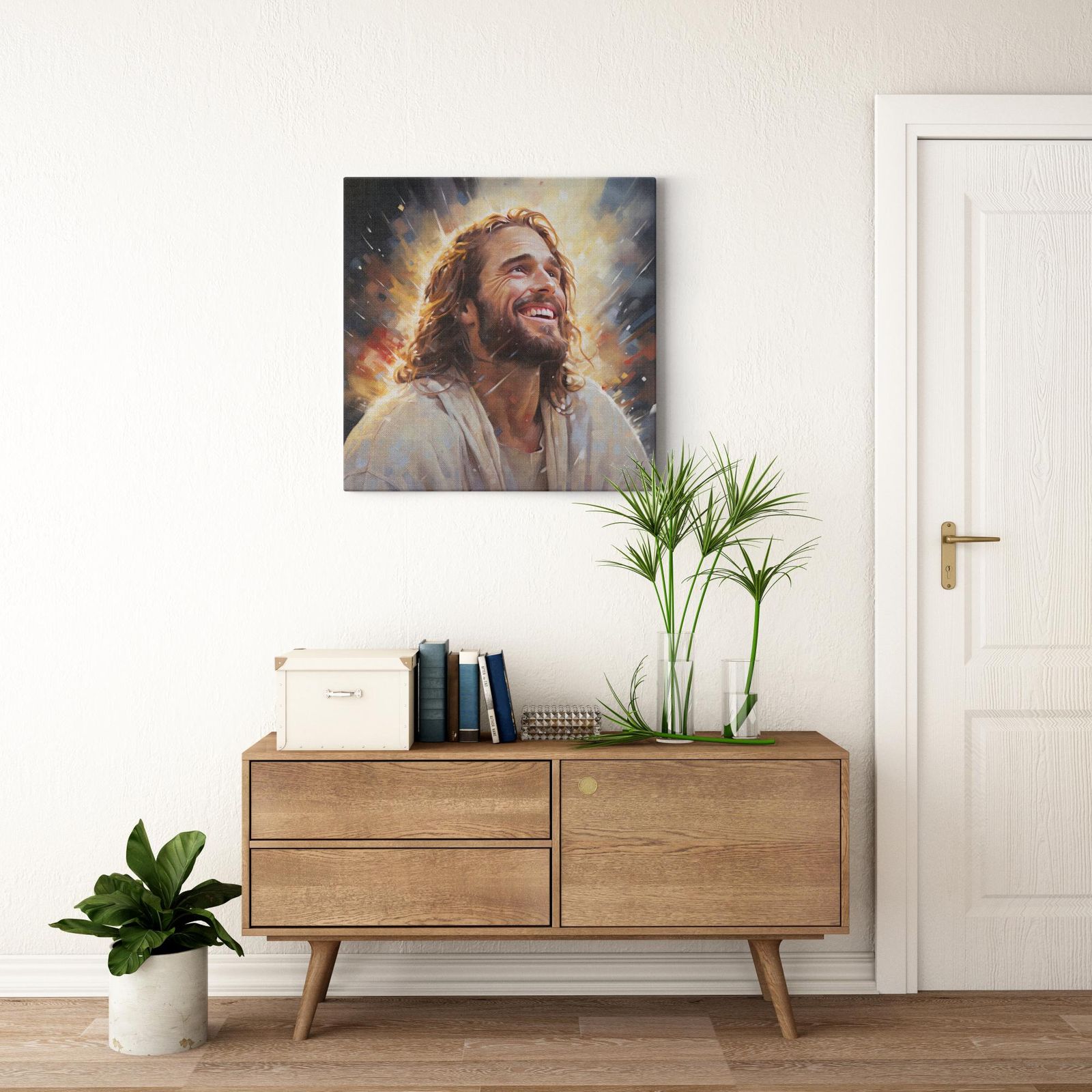 Jesus - Radiant Embrace artwork detail - smiling Jesus painting wall art