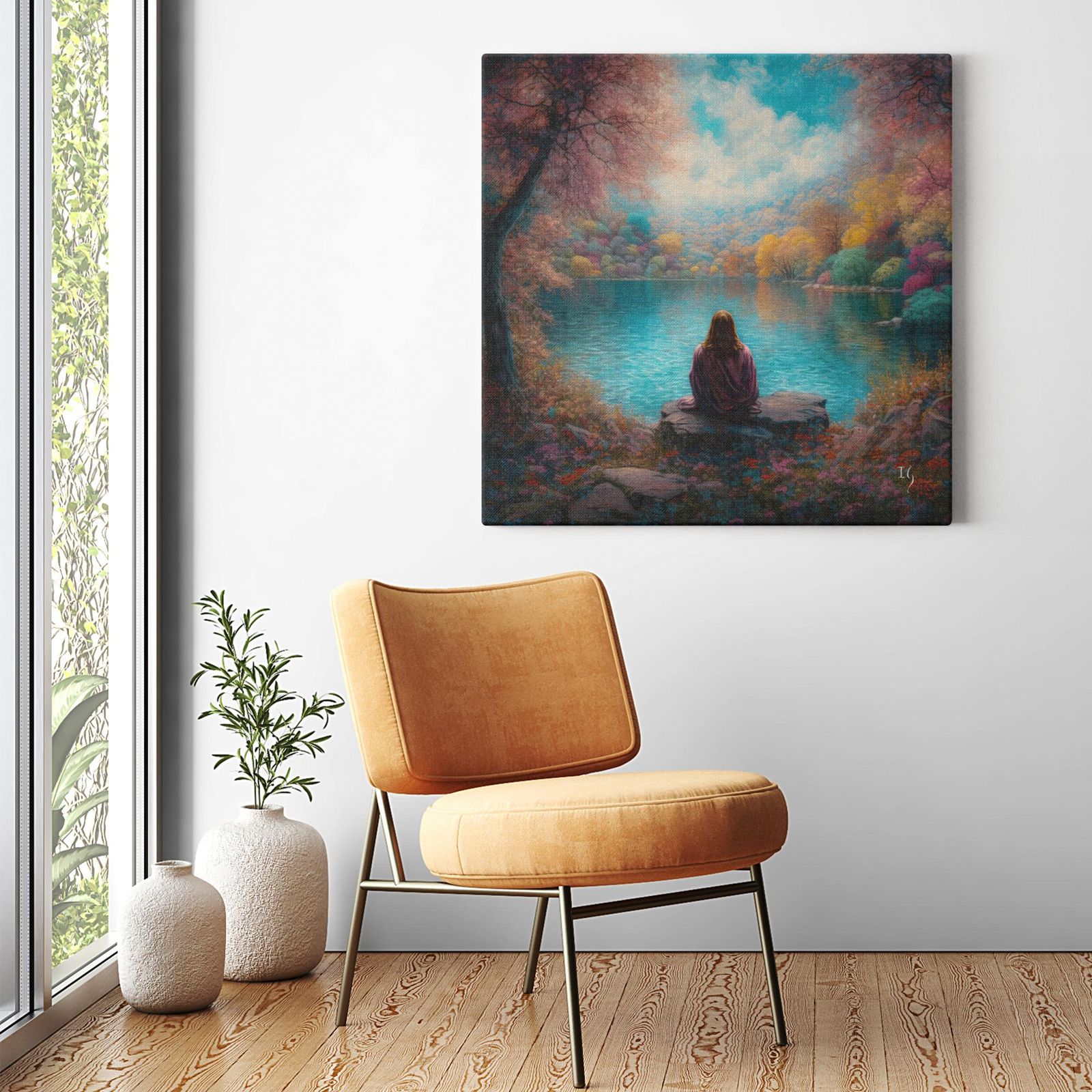 Jesus; Tranquility Embodied on Water artwork detail - smiling Jesus painting wall art