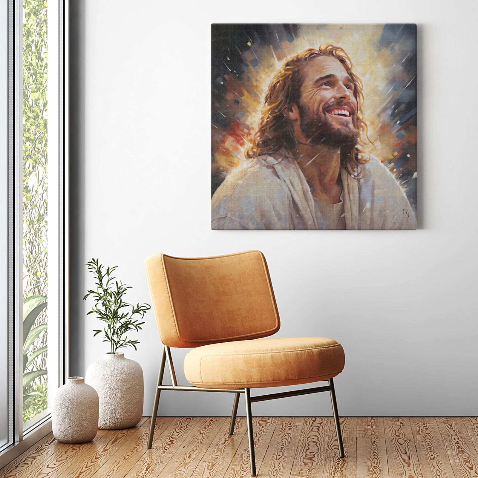 Jesus - Radiant Embrace artwork detail - smiling Jesus painting wall art