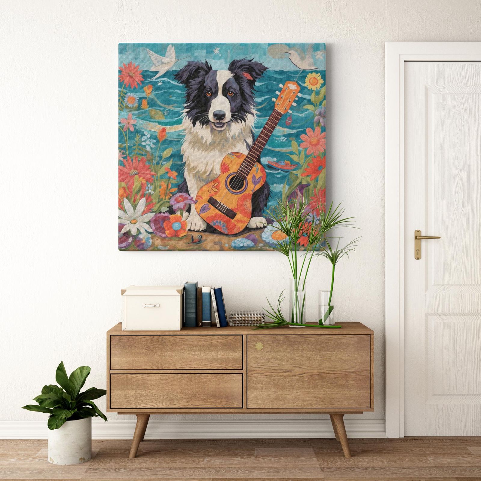 Beachside Collie Charm artwork detail - colorful pet portrait art wall art