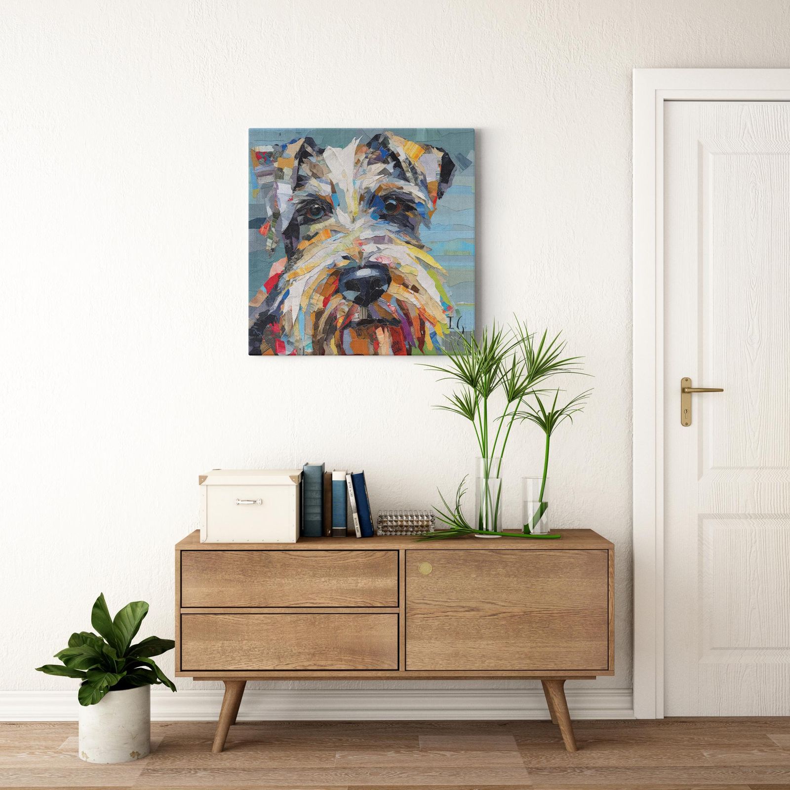 Paper Schnauzer Portrait artwork detail - colorful pet portrait art wall art