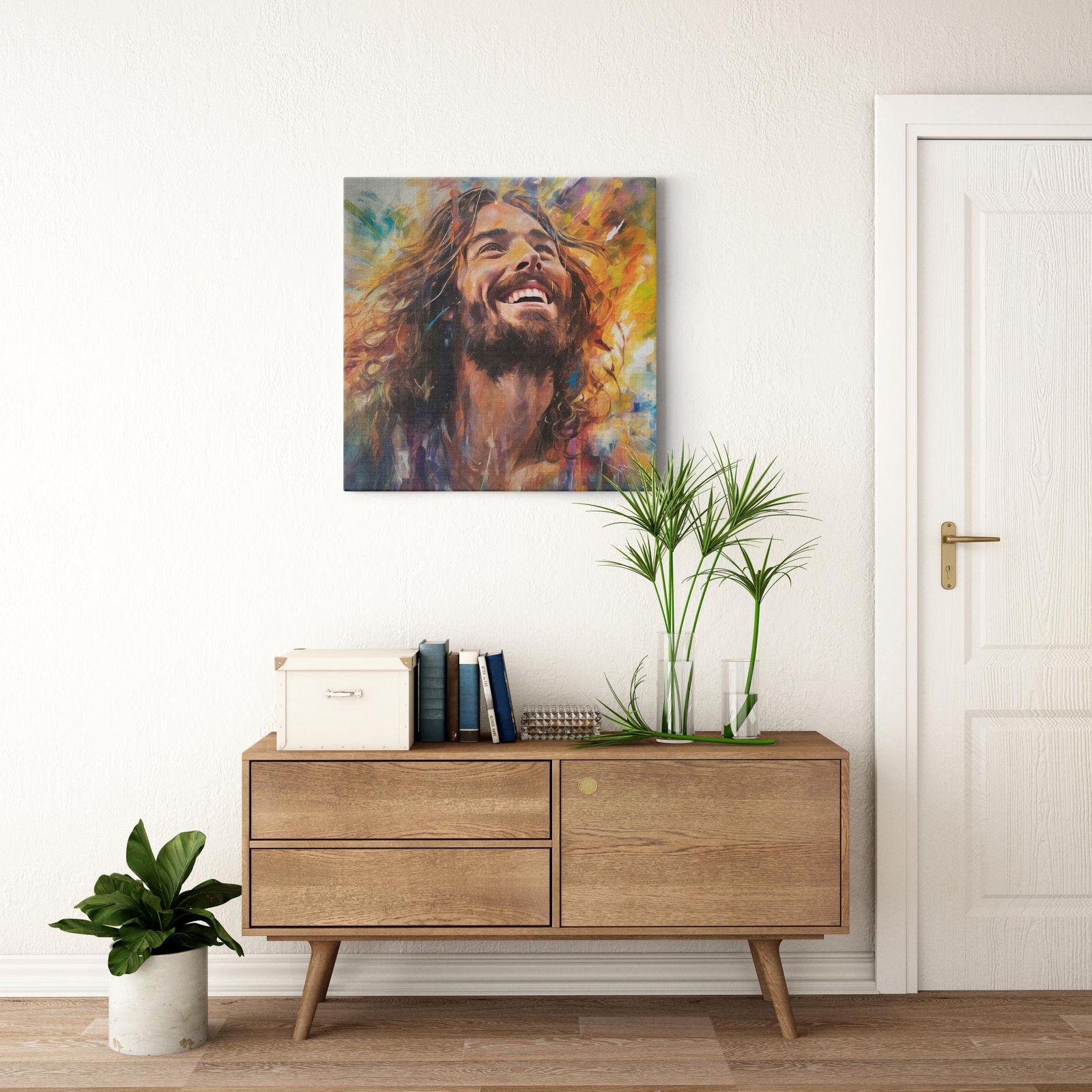 Jesus - Harmony of Hue and Heartbeat artwork detail - smiling Jesus painting wall art