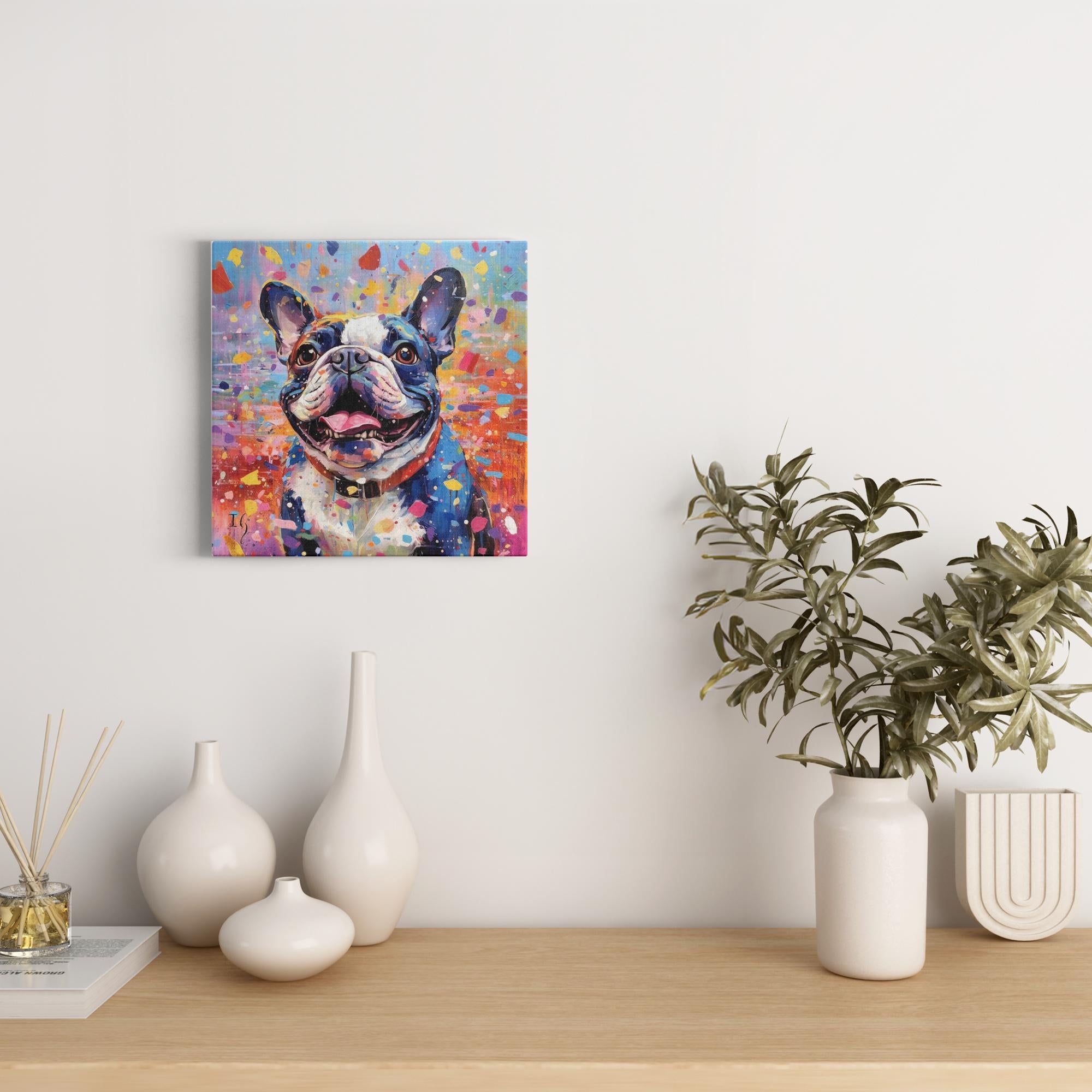 Joie De Vivre - Playful Frenchie artwork detail - colorful pet portrait art wall art
