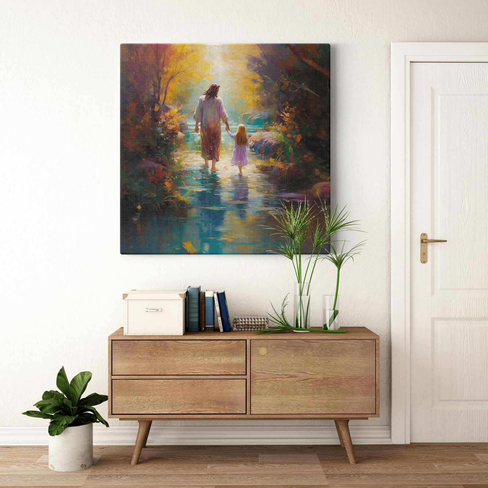 Autumn's Embrace: Walk of Whispers artwork detail - smiling Jesus painting wall art