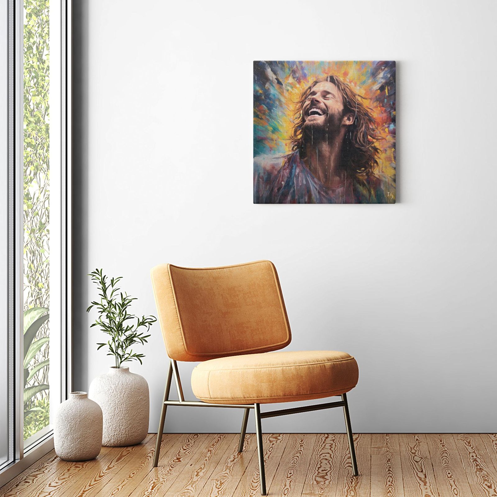 Jesus - Rapture in Rain and Radiance artwork detail - smiling Jesus painting wall art