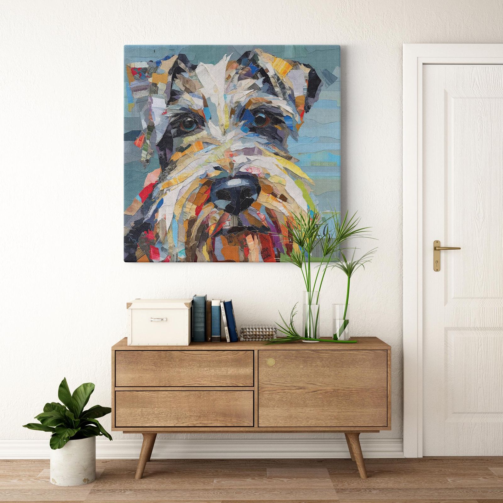 Paper Schnauzer Portrait artwork detail - colorful pet portrait art wall art