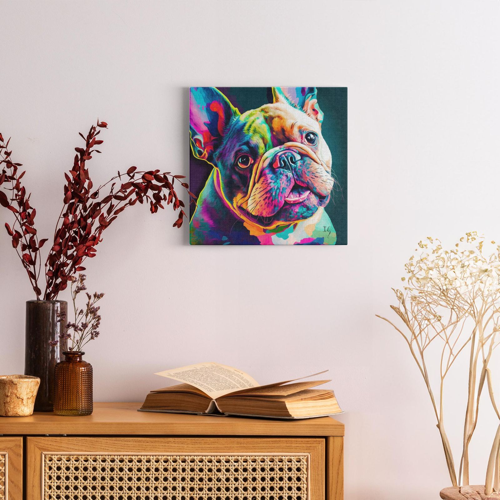 Vivid Bulldog Stare artwork detail - colorful pet portrait art wall art