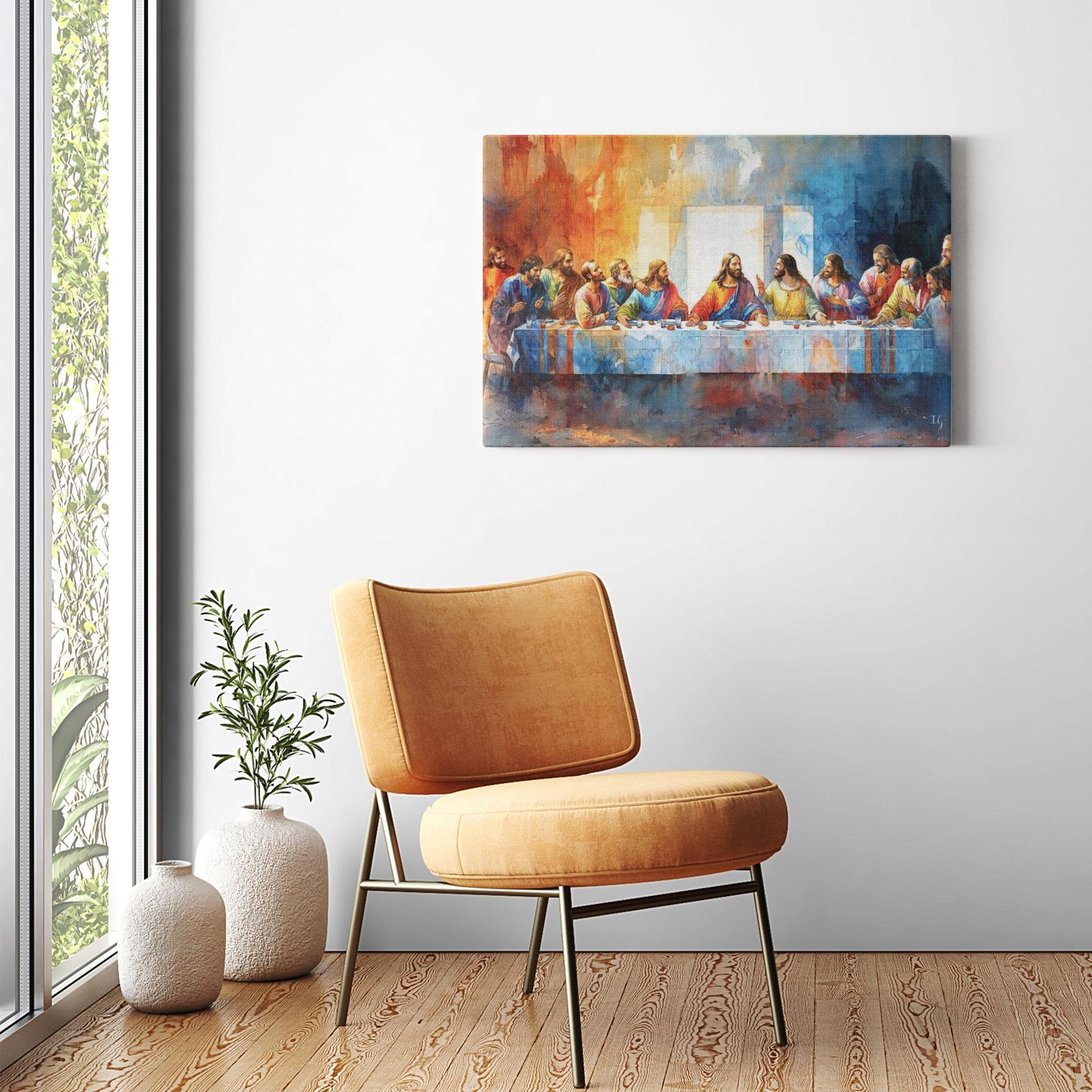 Last Supper - Communion in Color artwork detail - smiling Jesus painting wall art