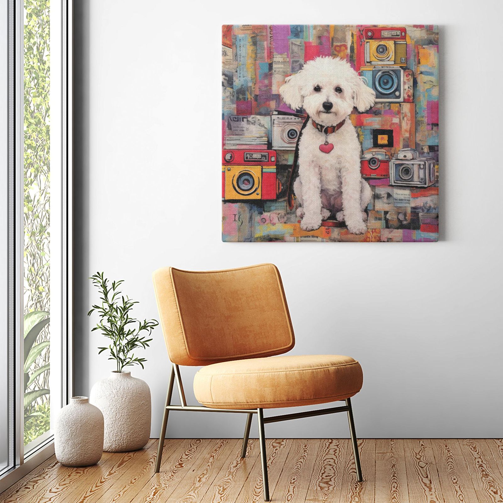 Canine Newsprint Chronicle artwork detail - colorful pet portrait art wall art