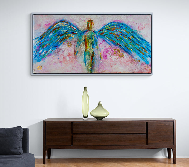 Angelic canvas print in room setting - angel painting by Ivan Guaderrama