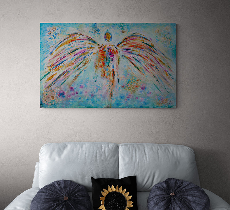 By my side canvas print in room setting - angel painting by Ivan Guaderrama