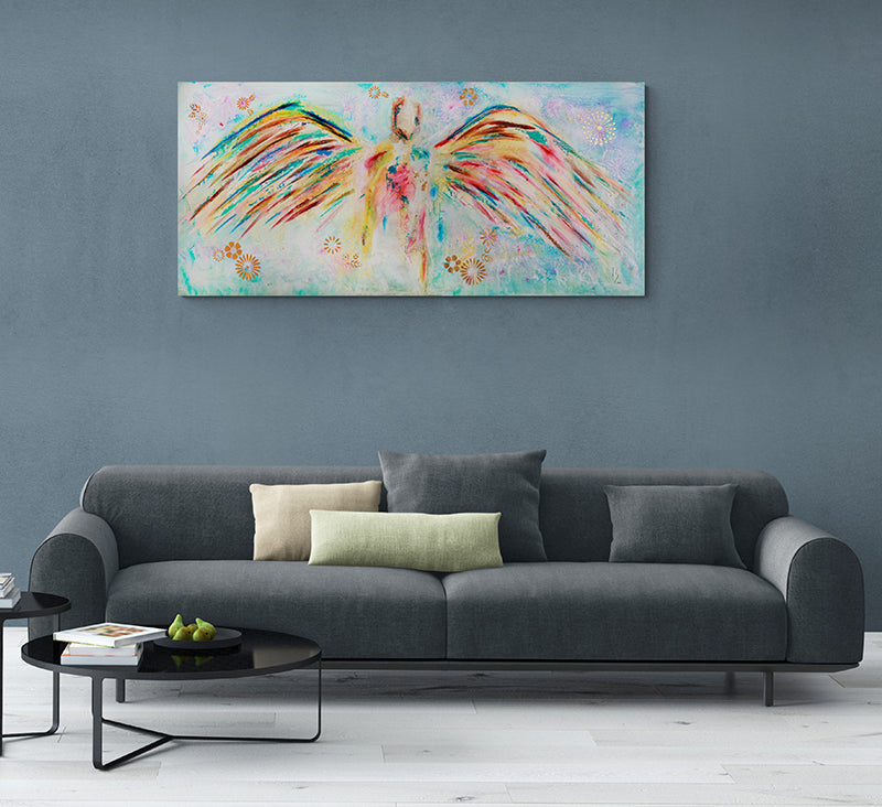 My Guardian Angel canvas print in room setting - original painting by Ivan Guaderrama