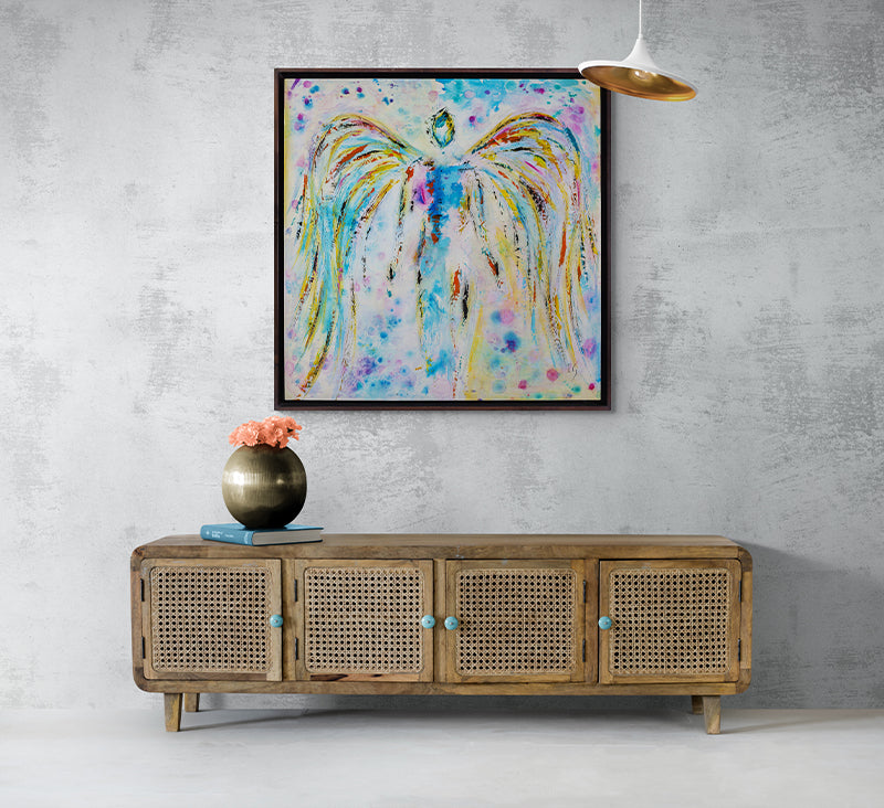 Heavenly Angels canvas print in room setting - angel painting by Ivan Guaderrama