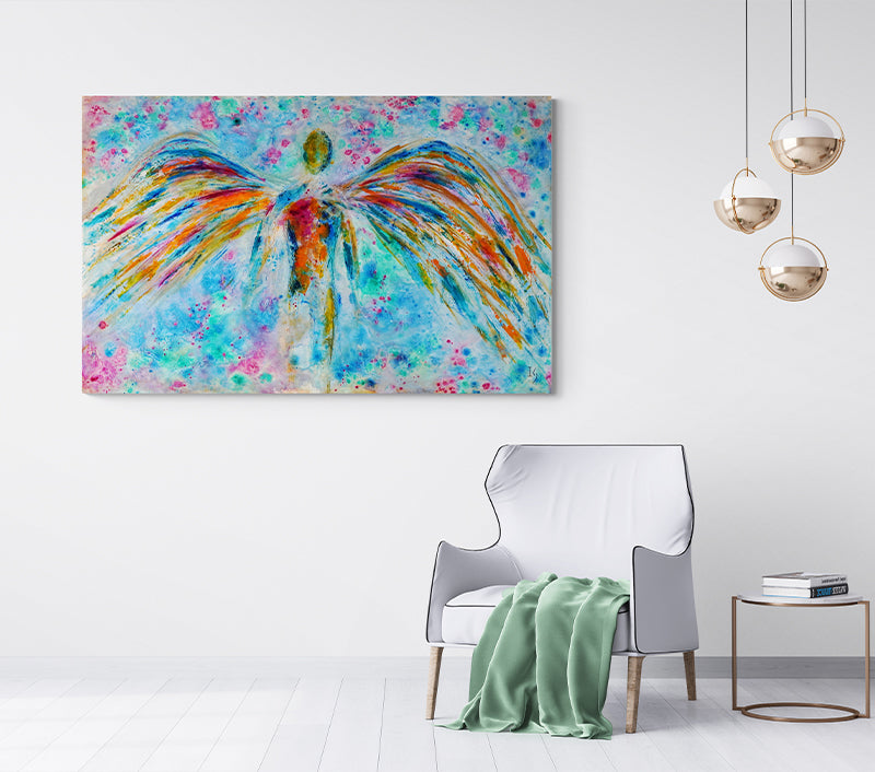 Light Guardian canvas print in room setting - angel painting by Ivan Guaderrama