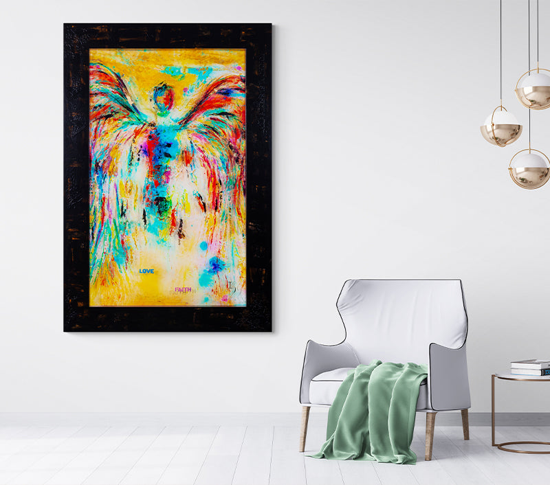 Loving Angel canvas print in room setting - angel painting by Ivan Guaderrama