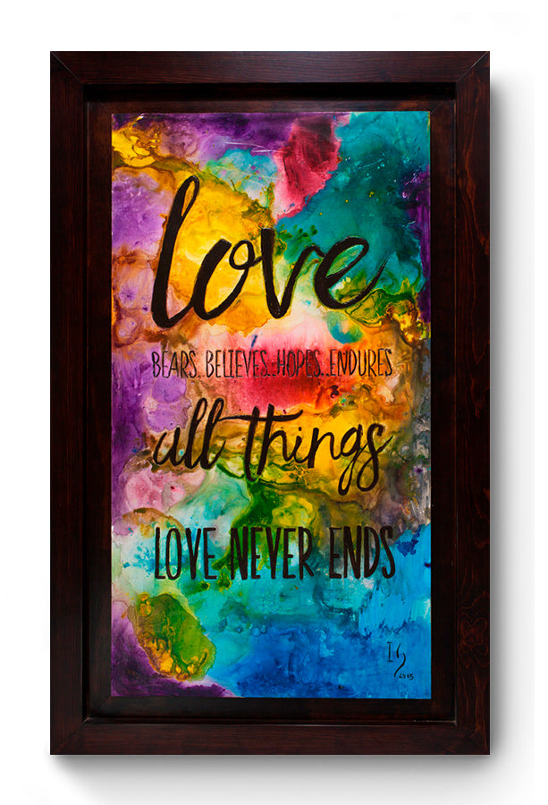 Love never ends canvas print in room setting - abstract art by Ivan Guaderrama