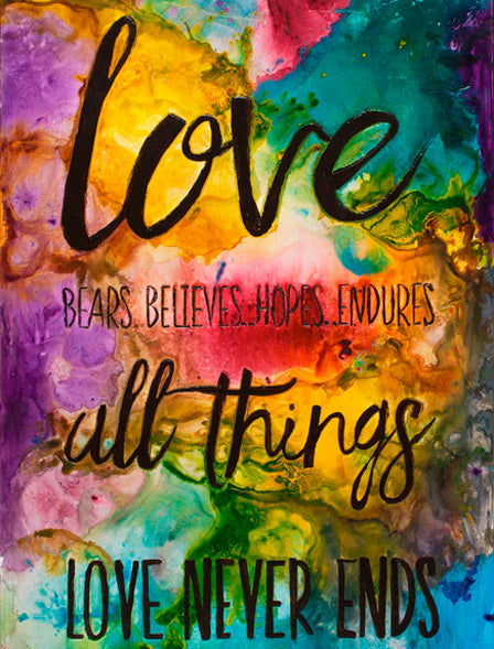Love never ends canvas print in room setting - abstract art by Ivan Guaderrama
