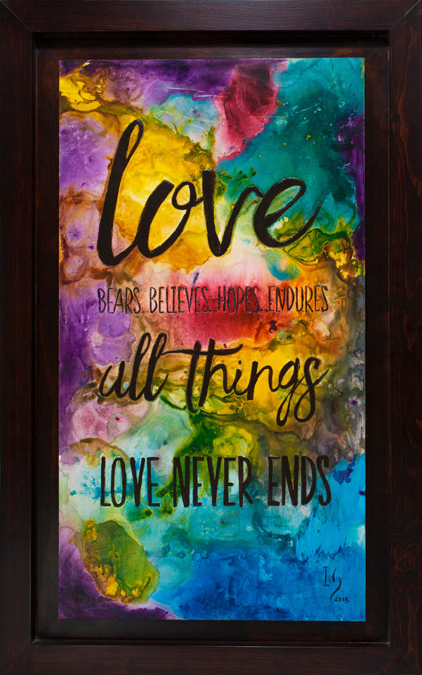 Love never ends canvas print in room setting - abstract art by Ivan Guaderrama