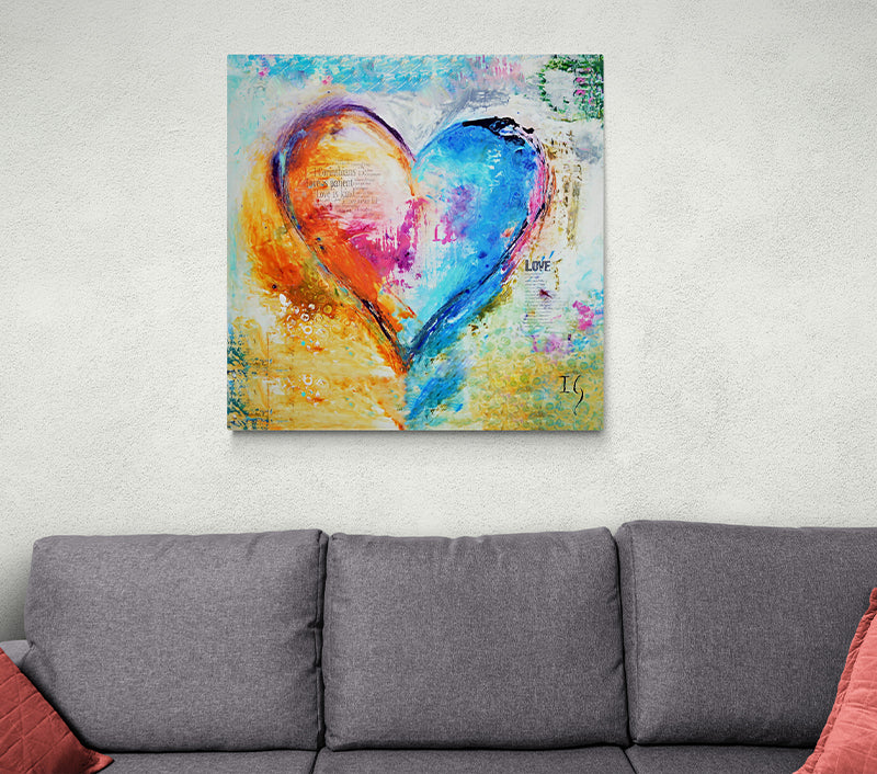 Love is Patience Love is Kind - Limited Edition canvas print in room setting - heart painting by Ivan Guaderrama