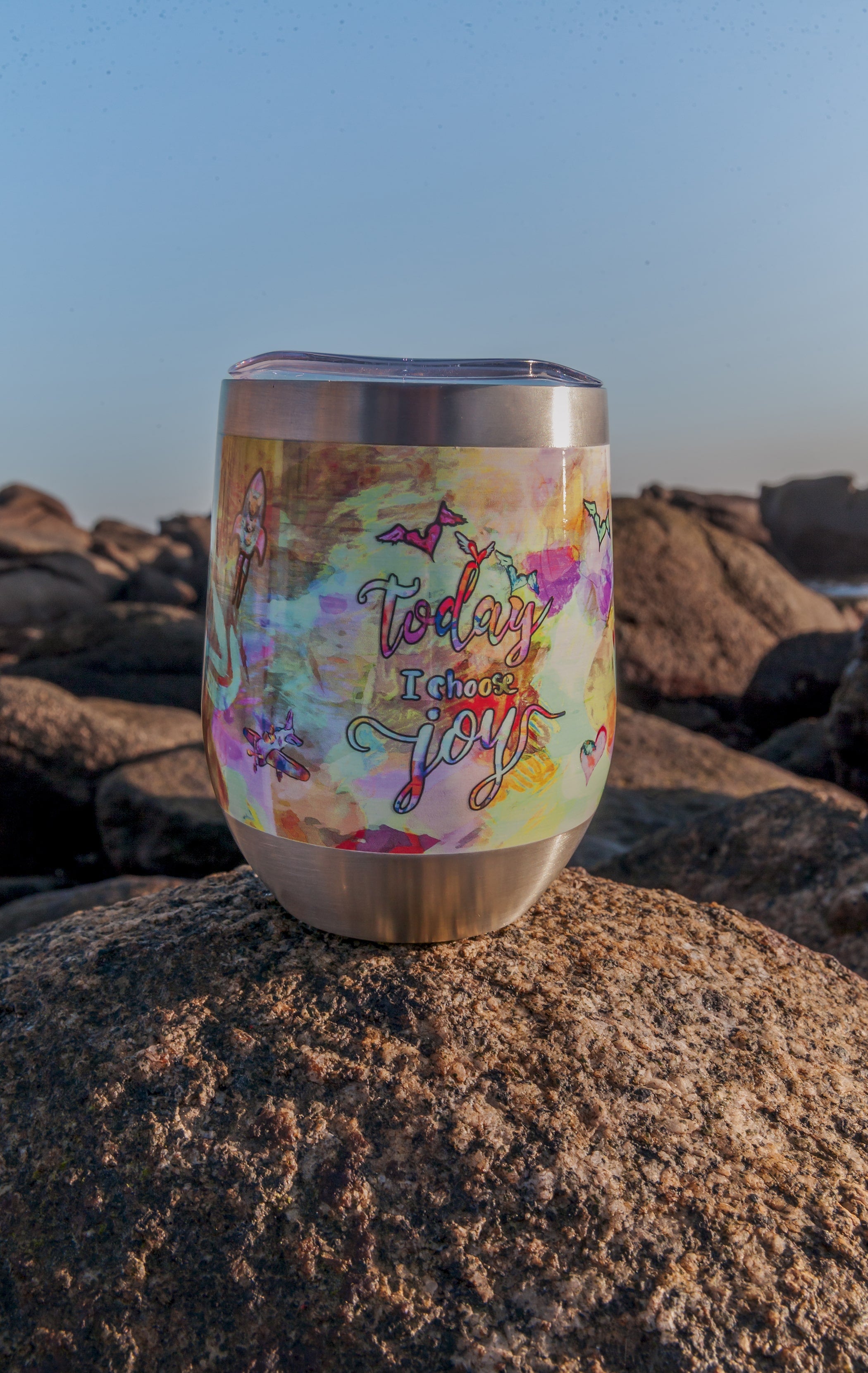 Today I Choose Joy Stemless Wine Tumblers canvas print in room setting - christian tumbler by Ivan Guaderrama