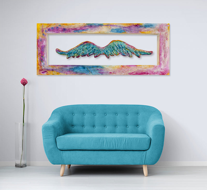 Magic Wings canvas print in room setting - angel painting by Ivan Guaderrama