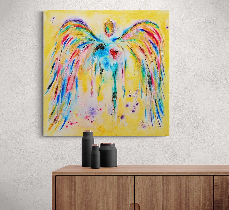 Rainbow Colors canvas print in room setting - angel painting by Ivan Guaderrama