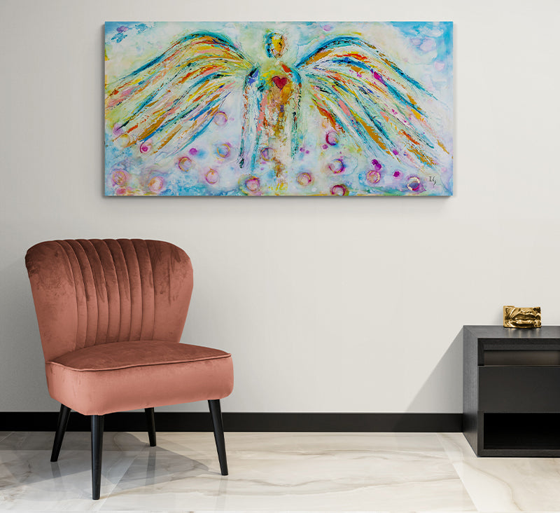 Soul to Heaven canvas print in room setting - angel painting by Ivan Guaderrama
