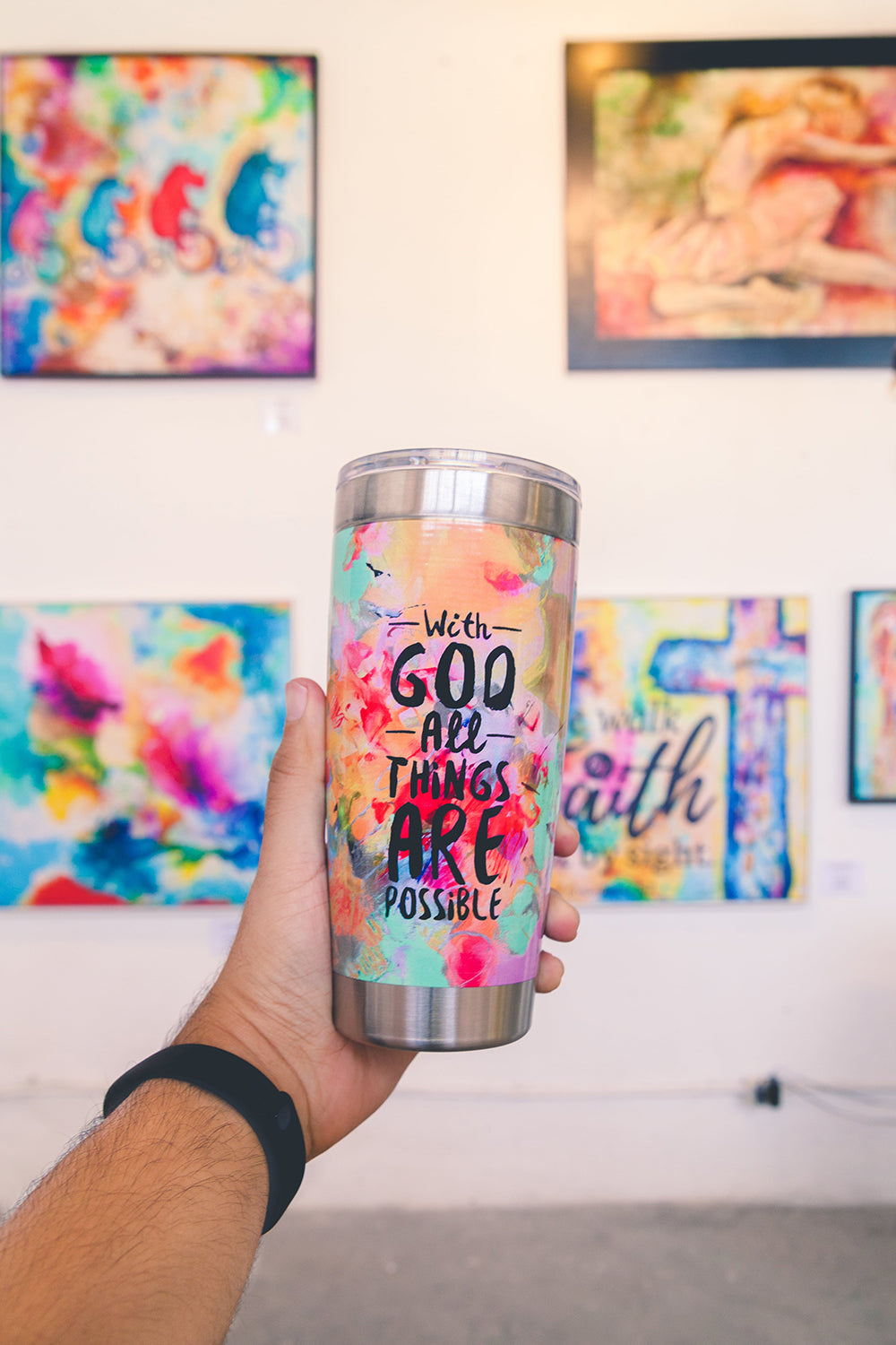 TODAY I CHOOSE JOY Stainless Steel Tumbler canvas print in room setting - christian tumbler by Ivan Guaderrama