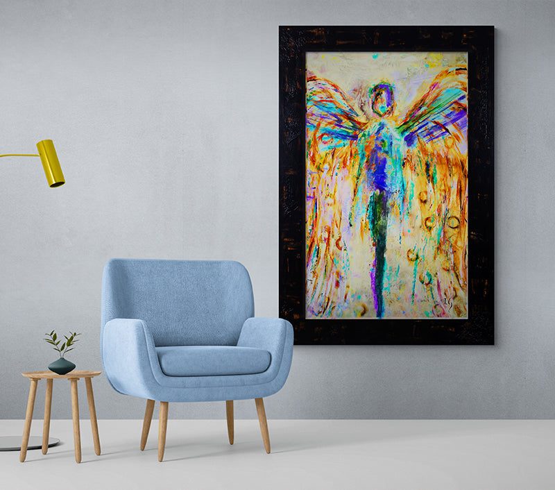 TRUST GOD'S TIMING canvas print in room setting - angel painting by Ivan Guaderrama