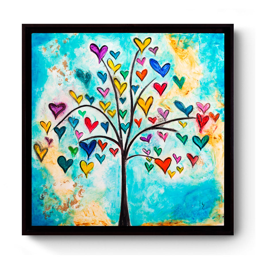 Tree of hearts painting with colorful hearts on turquoise background - framed original art by Ivan Guaderrama