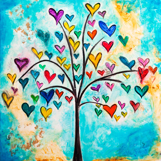 Original heart painting - tree with rainbow colored hearts on canvas, inspirational Christian wall art