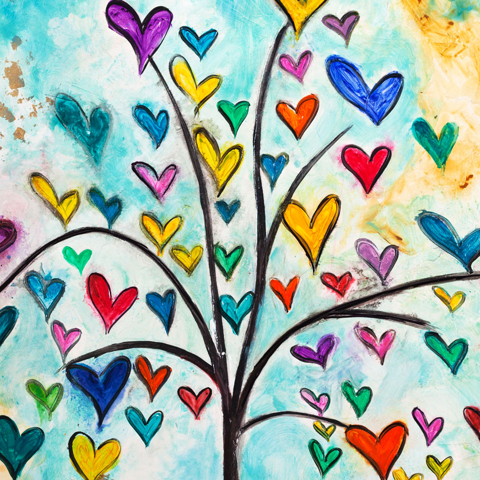 Close-up detail of paintings of hearts on tree branches - colorful heart art by Ivan Guaderrama