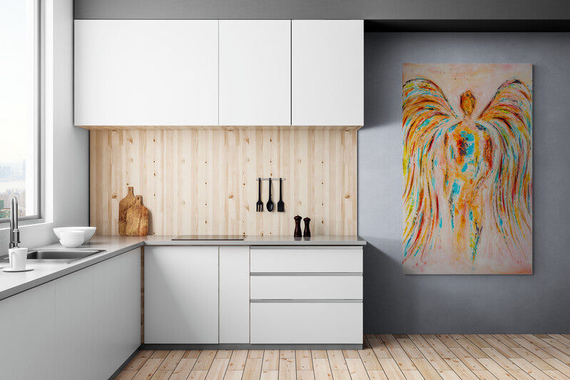 Victory Angel canvas print in room setting - angel painting by Ivan Guaderrama