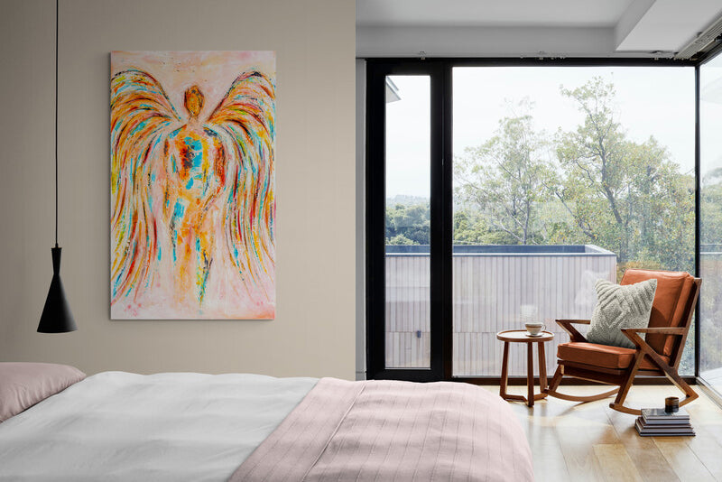 Victory Angel canvas print in room setting - angel painting by Ivan Guaderrama