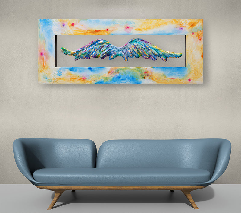Wings of Glory canvas print in room setting - angel painting by Ivan Guaderrama