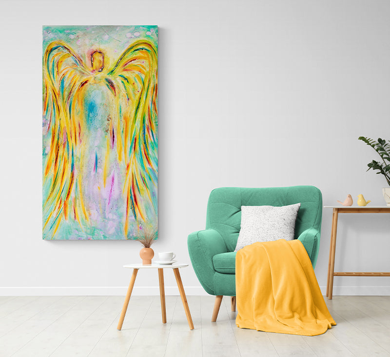 Yellow Angel canvas print in room setting - angel painting by Ivan Guaderrama